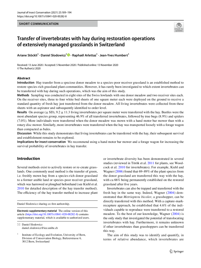 Transfer of invertebrates with hay during restoration operations of extensively managed grasslands in Switzerland - 