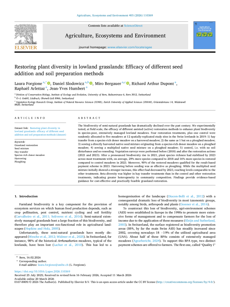 Wiederherstellung der Pflanzenvielfalt in Tieflandwiesen: Wirksamkeit verschiedener Methoden der Saatgutzugabe und Bodenvorbereitung - 